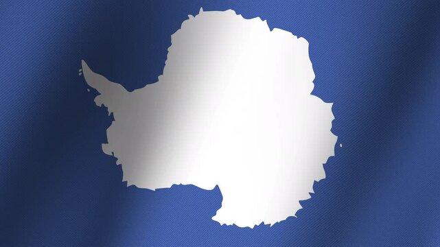 Antarctica Flag Waving: A digitally rendered flag of Antarctica, depicted as a white silhouette of the continent against a blue background, waves gracefully in the wind.