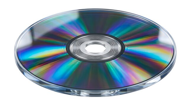 Shiny iridescent compact disc isolated on white. Retro digital storage media concept for music, data backup, technology nostalgia, and media archive themes.

