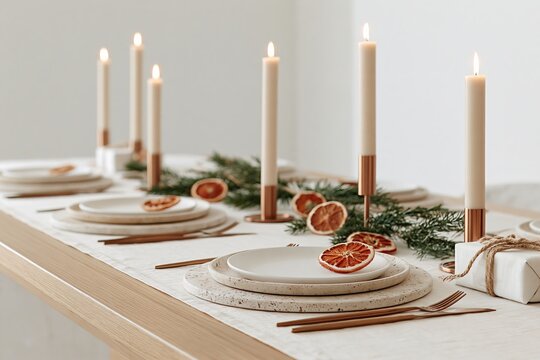 Elegant Christmas dining tablescape featuring long wooden table with white tablecloth, candles, dried orange slices, and greenery for a quiet luxury holiday setting