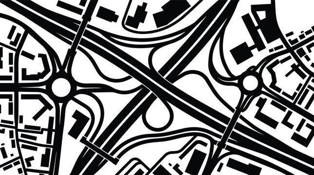 Urban City Map Silhouette with Highway Interchange, Roundabouts, and Road Network for Transportation Design