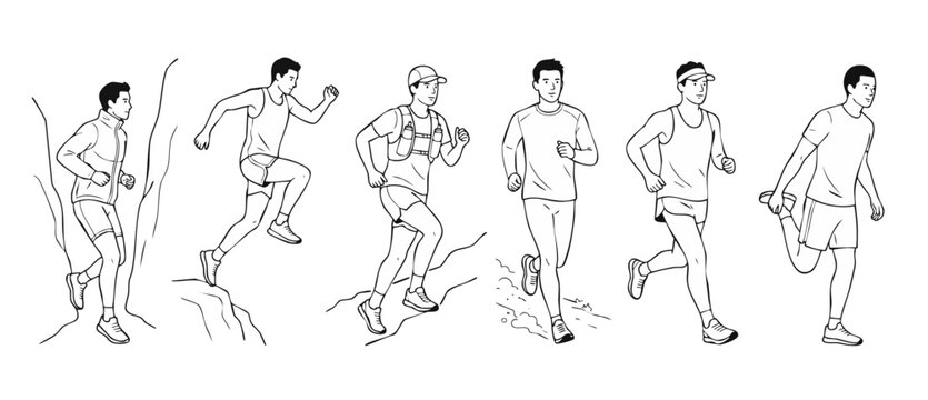 Man Running Line Art Vector Illustration Set of Male Trail Runners Jogging Sprinting and Stretching for Fitness Marathon Training Outdoor Sports Graphic Outline Icon Isolated on White Background