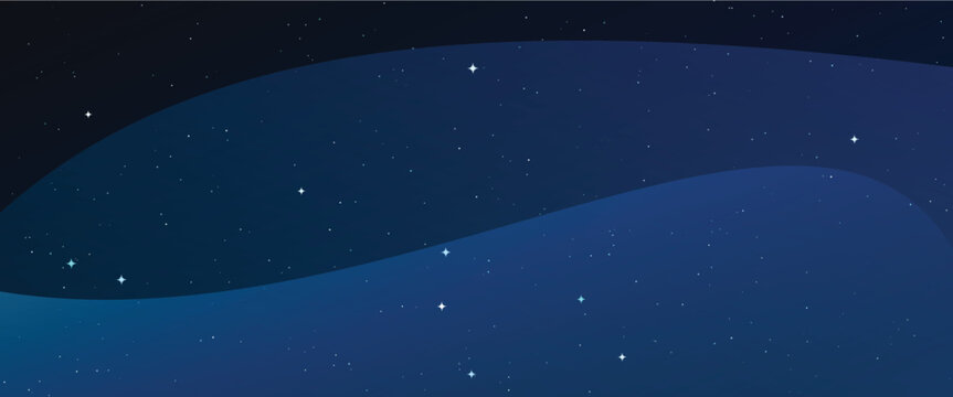 Dark blue night sky background with sparkling stars and flowing waves