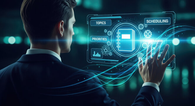 Businessman pointing at digital agenda planning technology on futuristic digital interface screen, business schedule management, strategic planning, workflow organization concept