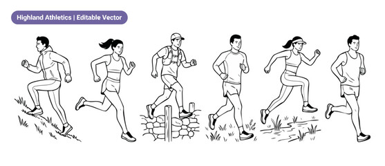Fototapeta premium Trail Runner Vector Illustration Set of Male and Female Outdoor Athletes Jogging, Sprinting, and Cross Country Running in Line Art Outline Style for Sports, Fitness, Healthy Active Lifestyle