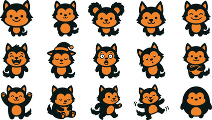 Cute cartoon halloween werewolf and wolf cub character set with werewolf halloween character creature illustration childish friendly expression