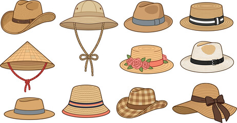 Men and women summer hats vector cartoon set featuring cowboy safari fedora straw panama conical and sun hat fashion elements © Utpal