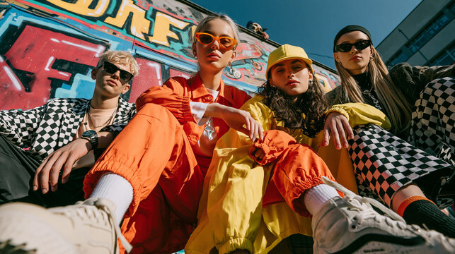 Diverse group of stylish youth in streetwear with colorful graffiti wall, sunglasses and hats in city alley at sunset
