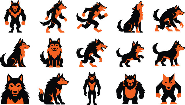 Halloween werewolf character poses and action set collection with werewolf halloween creature character mythical standing aggressive collection