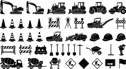 Civil engineering and building site development silhouettes with helmets shovels asphalt paver warning signs wheelbarrow and roadwork tools flat graphic elements design © Rakib