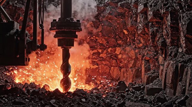 Industrial heavy drill machine bores into molten rock. Equipment mining ore generates heat and sparks. Mining industry extraction process for geological exploration.
