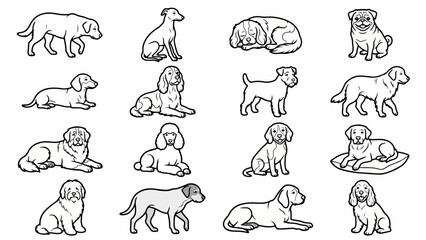 Obraz premium Senior Dog Icons: Gentle Walking Resting Sitting Lying Smiling Relaxed, Vector Outline Sheet Black & White