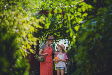 Obraz premium Senior female farmer with her granddaughter carrying basket with homegrown vegetables.