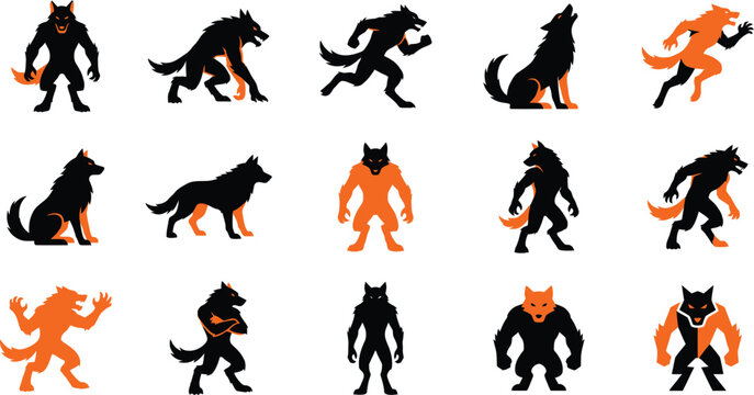 Halloween werewolf action poses and silhouette character collection with werewolf halloween silhouette creature mythical standing collection