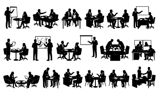 Corporate Business Meeting and Office Discussion Silhouette Icon Set Featuring Coworkers Interviewing Presenting Brainstorming and Shaking Hands for Corporate Media Vector Designs