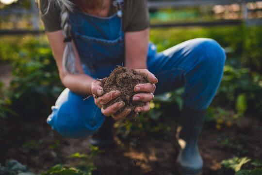 Close up of female famer hands holding soil outdoors at community farm.