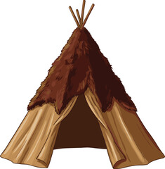 Traditional Indigenous Tepee Tent Vector Illustration Featuring Animal Fur Covering and Wooden Poles for History Education, Native American Culture, and Camping Designs © Himu 