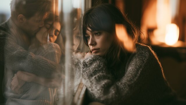 Winter depression - Composite image: A woman suffering from Seasonal Affective Disorder (SAD) sits alone, gazing out the window with a sad, pensive expression; overlaid image of a couple embracing