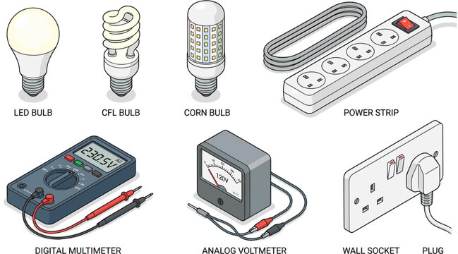 Isometric Electrical Testing Tools Measuring Equipment and Household Power Supply Icon Set with Multimeter Voltmeter Power Strip Wall Socket and Energy Saving Light Bulbs