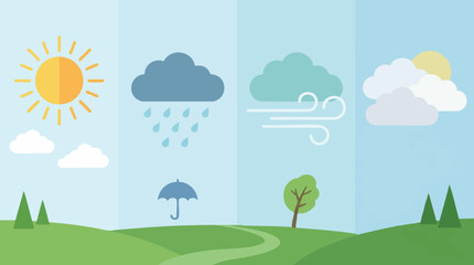 Fototapeta premium Flat design illustration of various weather conditions and natural elements