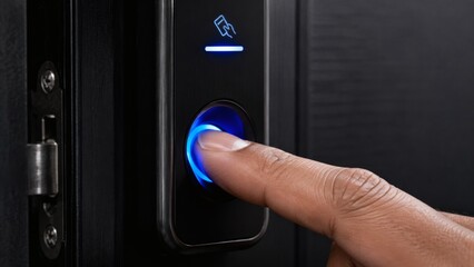 Naklejka premium Close Up Finger Scanning on Biometric Smart Door Lock Scanner
