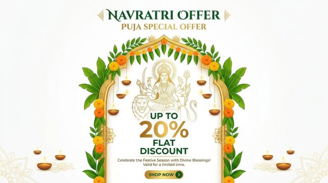Navratri festival sale banner. Festive discount background with marigold flowers and lamps.