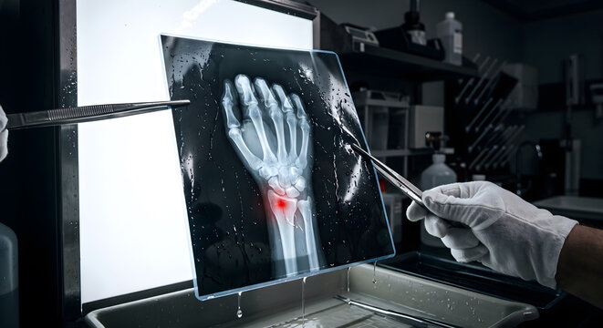 Laboratory development of wrist xray film showing red fracture point being processed in darkroom with scientific equipment and tools.
