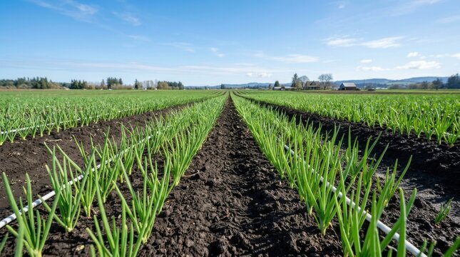 Rows of young green onions in a field. Agriculture farm with fresh scallion sprouts.