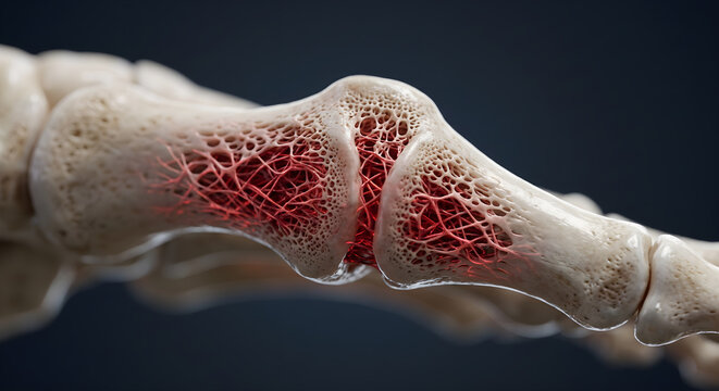 Microscopic view of healthy bone tissue showing trabecular network and blood vessels representing skeletal structure and strength for osteoporosis research.