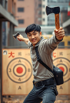 Young asian man holding two axes with a target board in the background, axe throwing activity