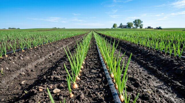 Young onion plants in a field. Drip irrigation system watering rows of organic vegetables.