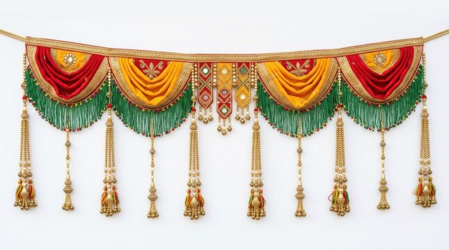 Traditional Indian door hanging decoration. Festive toran with colorful fabric and tassels.