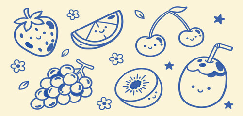 Fototapeta premium Fruit set doodle outline illustration vector