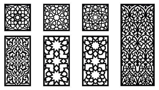 Decorative laser cut panel vector illustration set for islamic geometric wall screen cnc pattern stencil