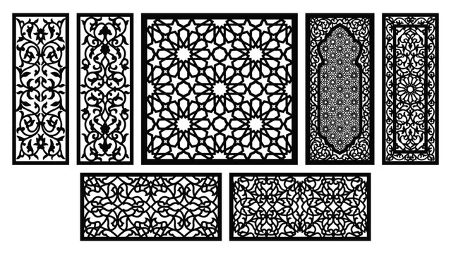 Cnc laser cut islamic pattern vector illustration panel set for arabic wall screen stencil template