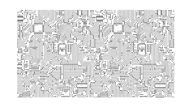 Detailed Black and White Printed Circuit Board Seamless Pattern