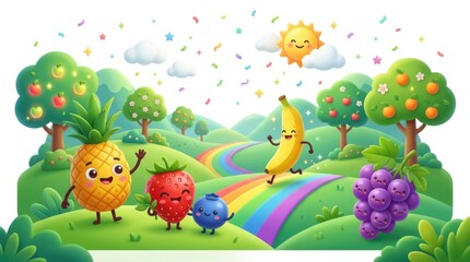 Obraz premium Cute cartoon fruits in a sunny landscape. Happy pineapple and banana characters on a rainbow.