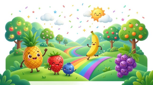 Cute cartoon fruits in a sunny landscape. Happy pineapple and banana characters on a rainbow.