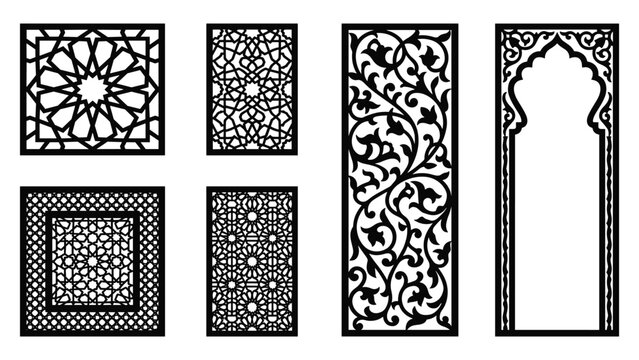 Laser cut islamic pattern panel vector illustration set for arabic arch cnc screen stencil frame