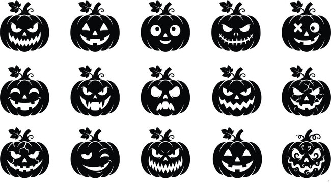 A comprehensive halloween vector bundle featuring a collection of fifteen unique hand drawn scary and funny pumpkin face illustrations