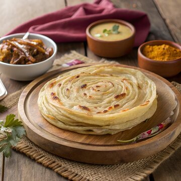 Traditional Kerala Porotta Served with Curry and Dipping Sauces on Rustic Wooden Table