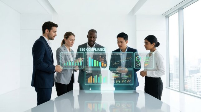 Diverse business team analyzing data. Professionals reviewing digital financial charts.