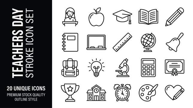 Teachers Day Stroke Icon Set: Education And School Symbol Collection For Teaching