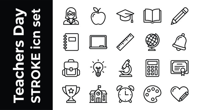 Teachers Day Stroke Icon Set: Education And School Symbol Collection For Teaching