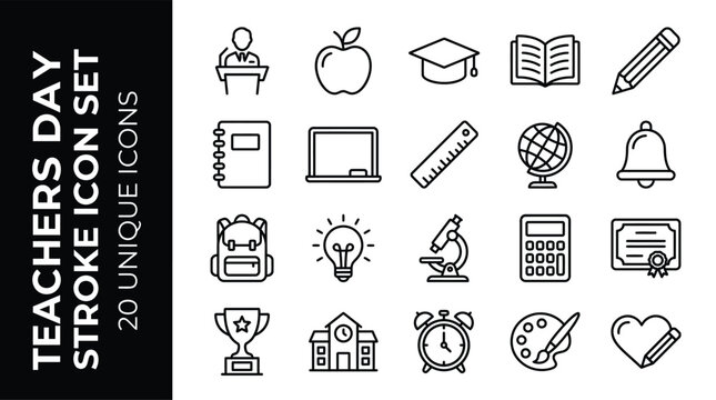 Teachers Day Stroke Icon Set: Education And School Symbol Collection For Teaching
