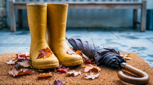 Yellow rubber boots and a closed umbrella on a doormat with autumn leaves.