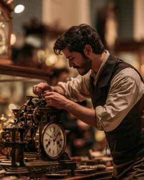 Vintage clockmaker workshop interior with antique brass timepiece and detailed tools of the trade lighting