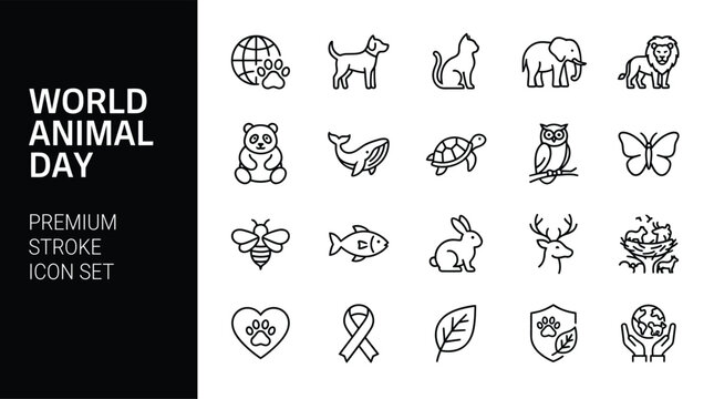 World Animal Day Line Icon Set &mdash; Pet and Wildlife Stroke Icons for Conservation and Adoption