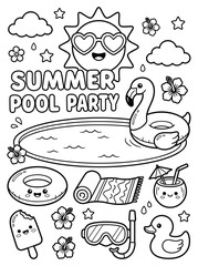 Summer pool party coloring page for kids with flamingo float goggles swimming pool vector illustration