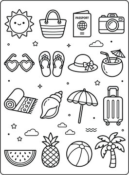 Summer travel icons coloring page for kids with luggage passport camera beach elements vector illustration