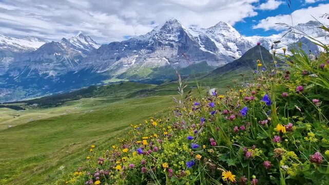 Mannlichen Switzerland Blue Bellflowers Close Up  Scenic Panorama Eiger Monch Jungfrau Mountain Peaks Lauterbrunnen Valley Swiss Alps Landscape Travel Video 4K UHD